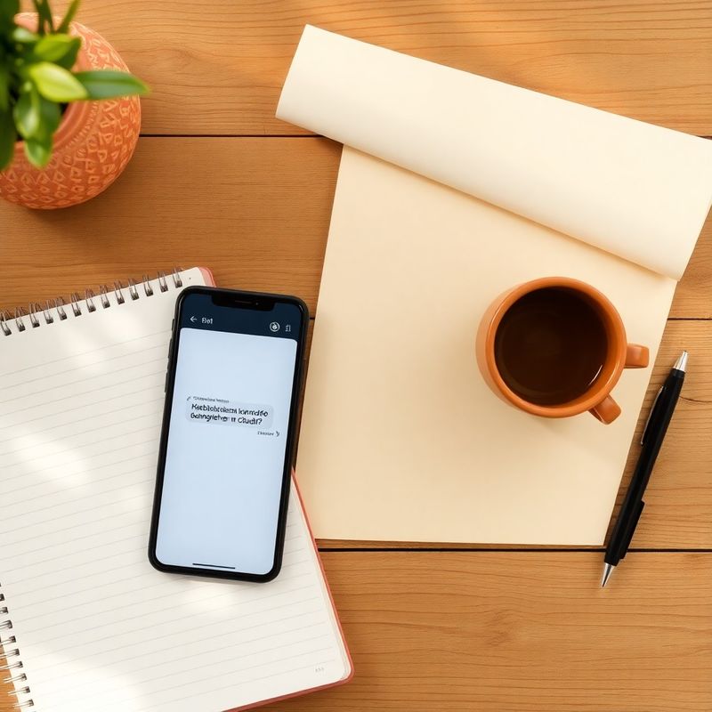 Pracovní stůl s notebookem, mobilem zobrazujícím chatovou konverzaci a šálkem kávy